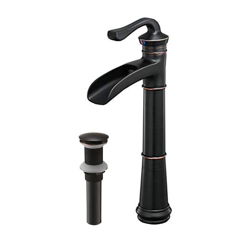 Homevacious Bathroom Vessel Sink Faucet Antique Oil Rubbed Bronze Waterfall Tall Single Hole Farmhouse Black with Pop up Drain Assembly One Handle Commercial Lavatory Without Overflow Supply Line - Image 1